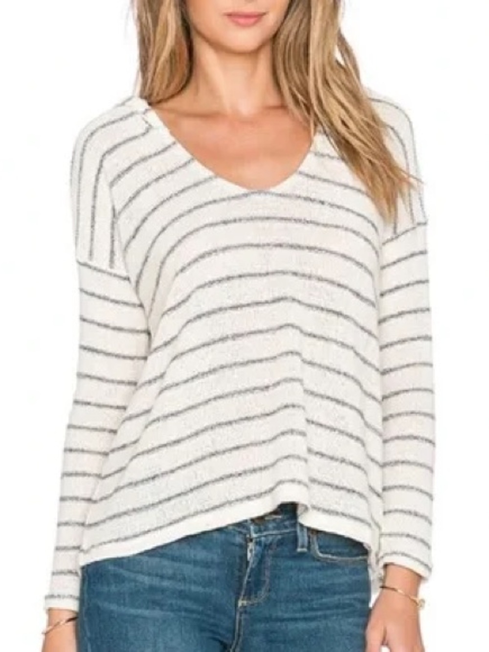 a.n.d Cream & Gray Striped V-Neck Knit Sweater